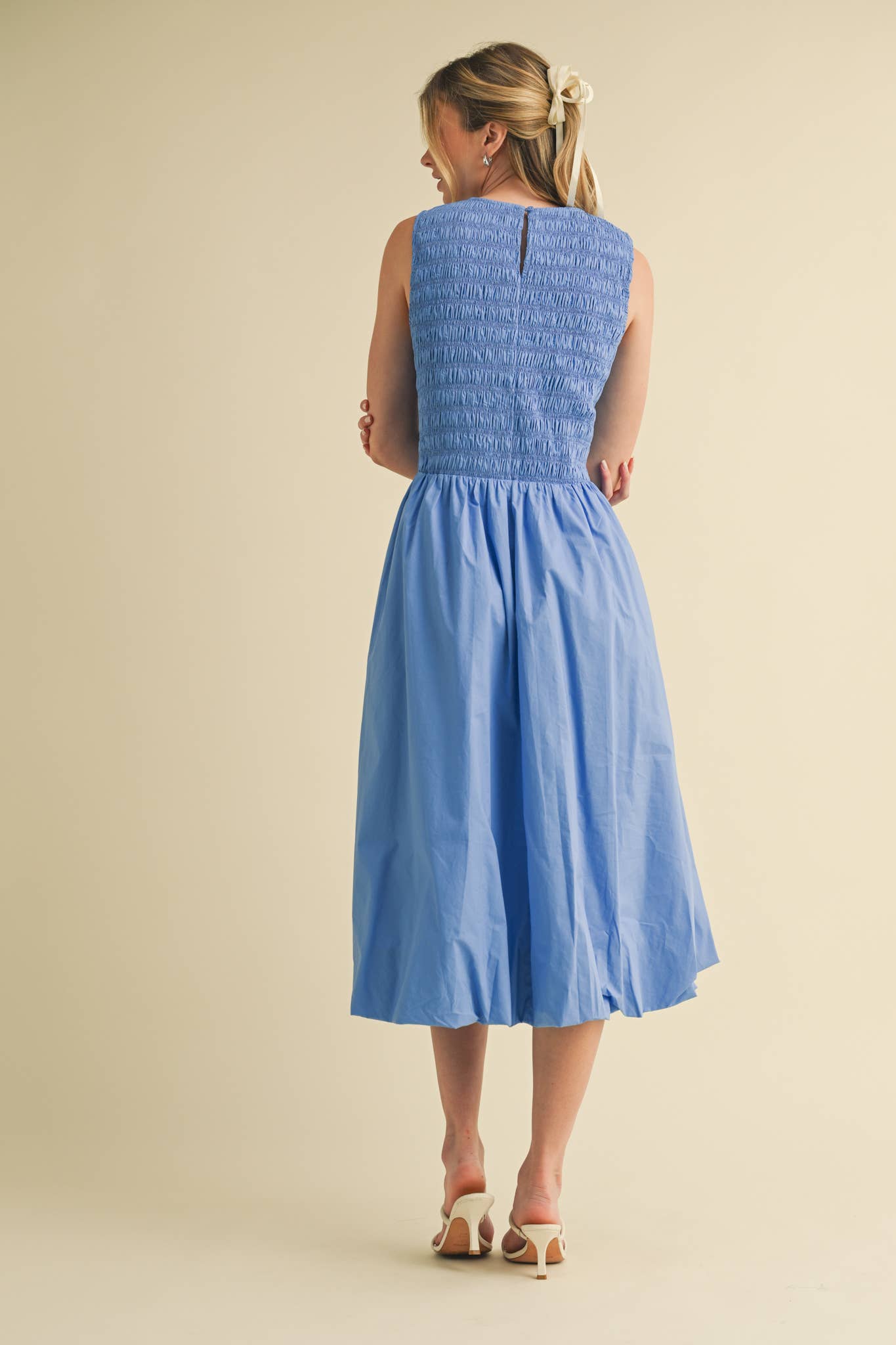 SMOCKED BUBBLE HEM MIDI DRESS MARINE BLUE