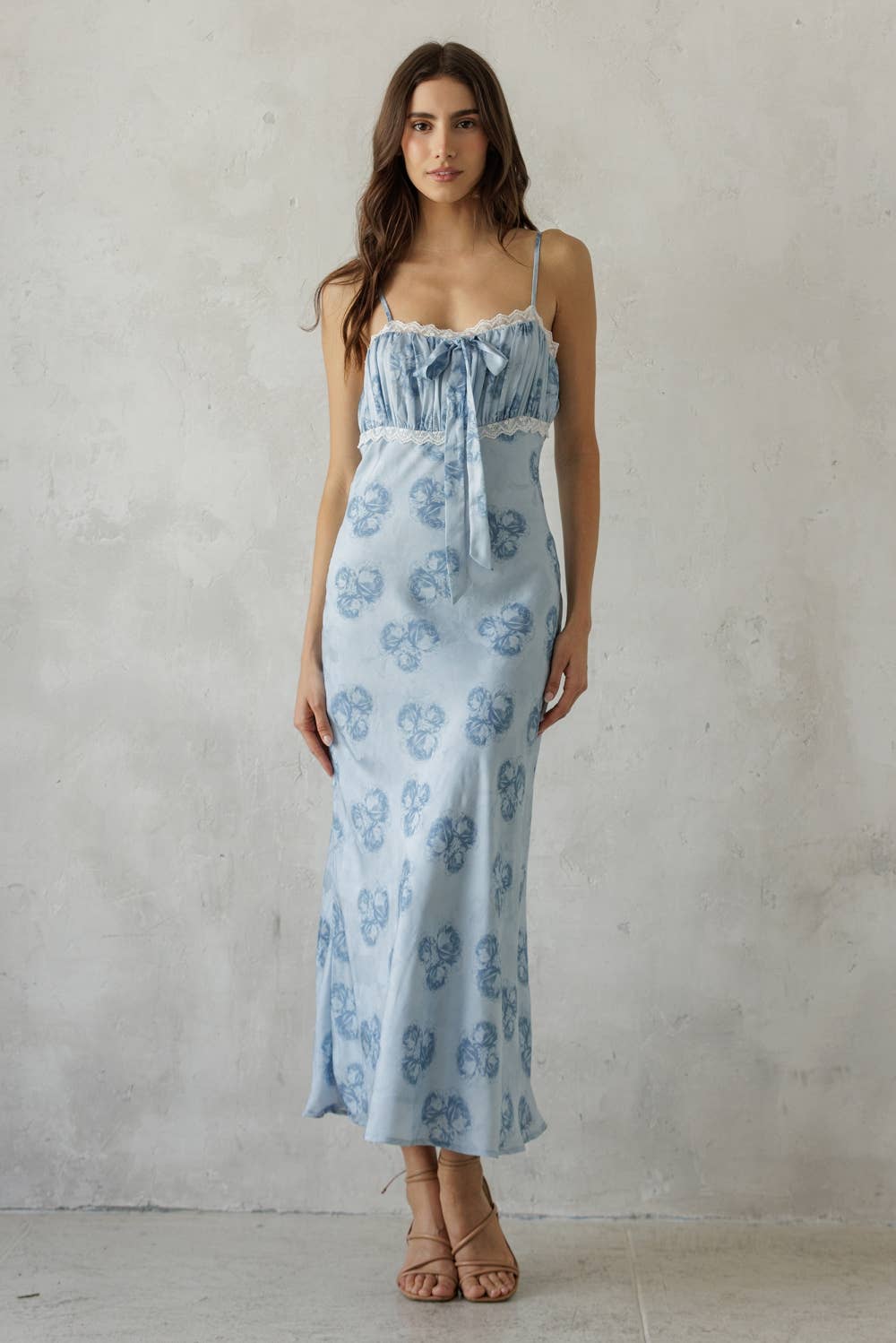 BLUE SEA FLORAL LACE TRIM MIDI DRESS
