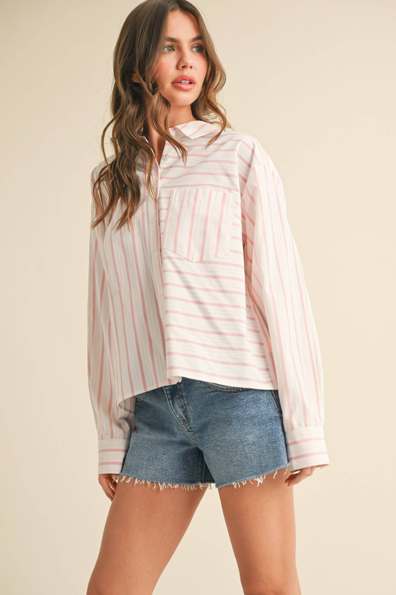 DAILY STRIPED COLLARED BUTTON DOWN TOP - CUSTARD STRIPE