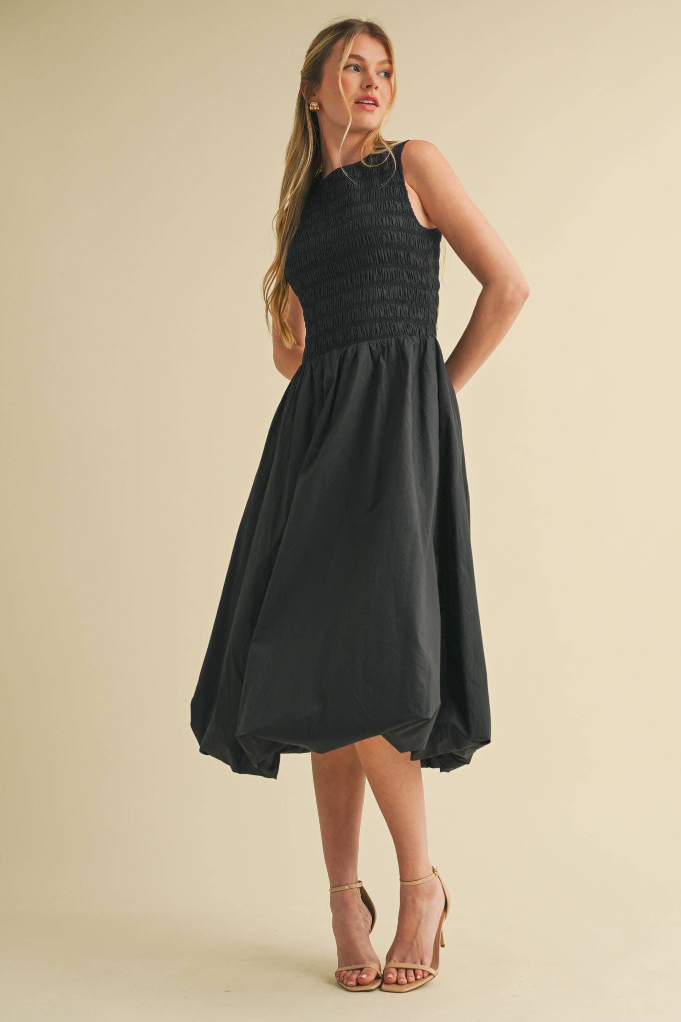 SMOCKED BUBBLE HEM MIDI DRESS MARINE BLUE