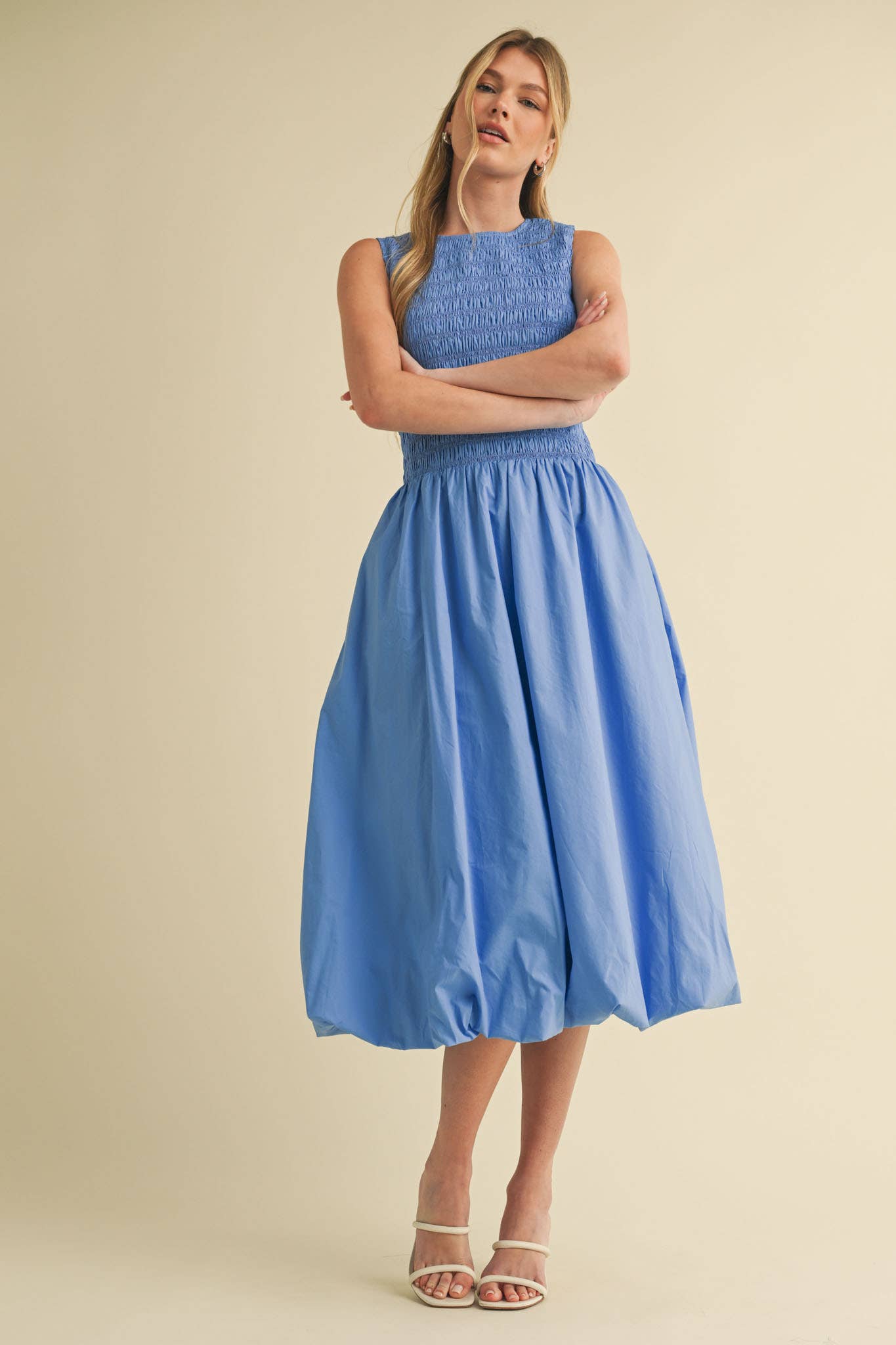 SMOCKED BUBBLE HEM MIDI DRESS MARINE BLUE