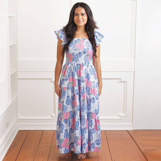 Gemma Ginger Jar Bouquet Smocked Flutter Sleeve Dress