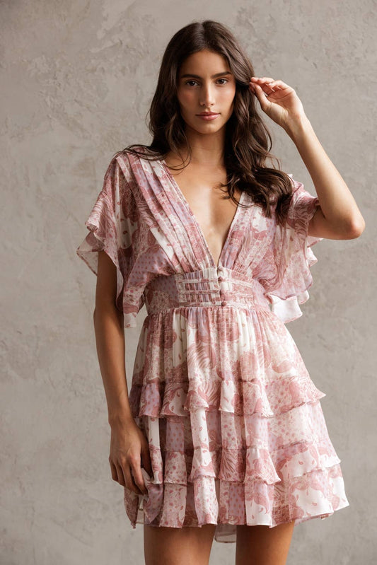 ST TROPEZ PINK FLORAL RUFFLE TIERED MINI DRESS