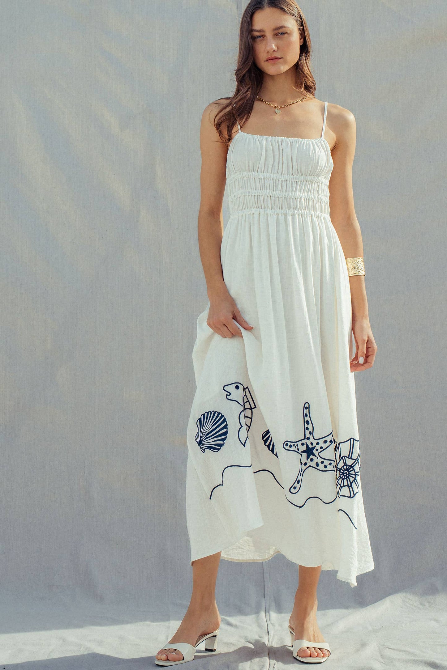 Seashell Embroidered Linen Blend Smocked Dress