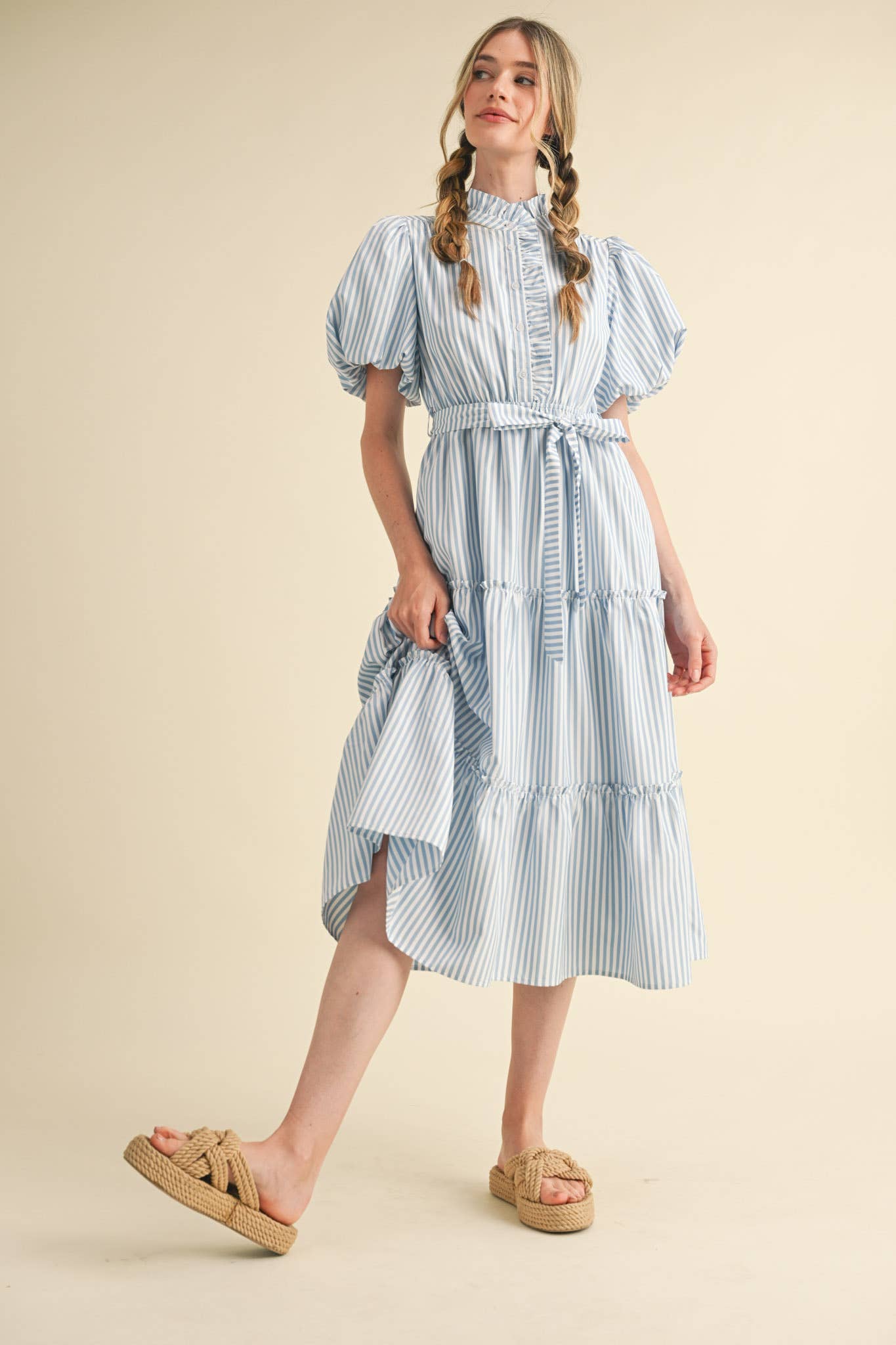 STRIPED RUFFLED BUTON DOWN MIDI DRESS - SKYBLUE STRIPE
