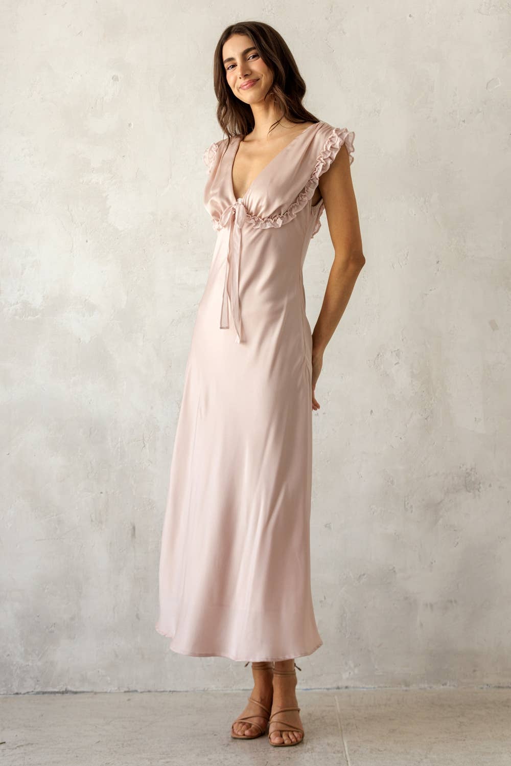 SIREN SATIN RUFFLE TIE MIDI DRESS: PINK