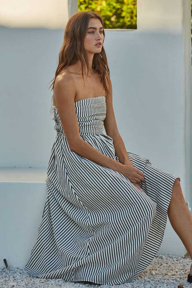 L6998 | Striped Tube Neck Strapless Flare Maxi Dress: Dusty Blue / S