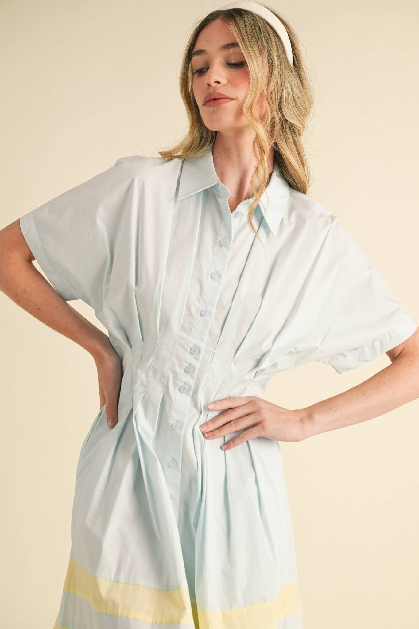 THE BEST HOSTESS BUTTON DOWN PLEATED WAIST COLOR BLOCK DRESS
