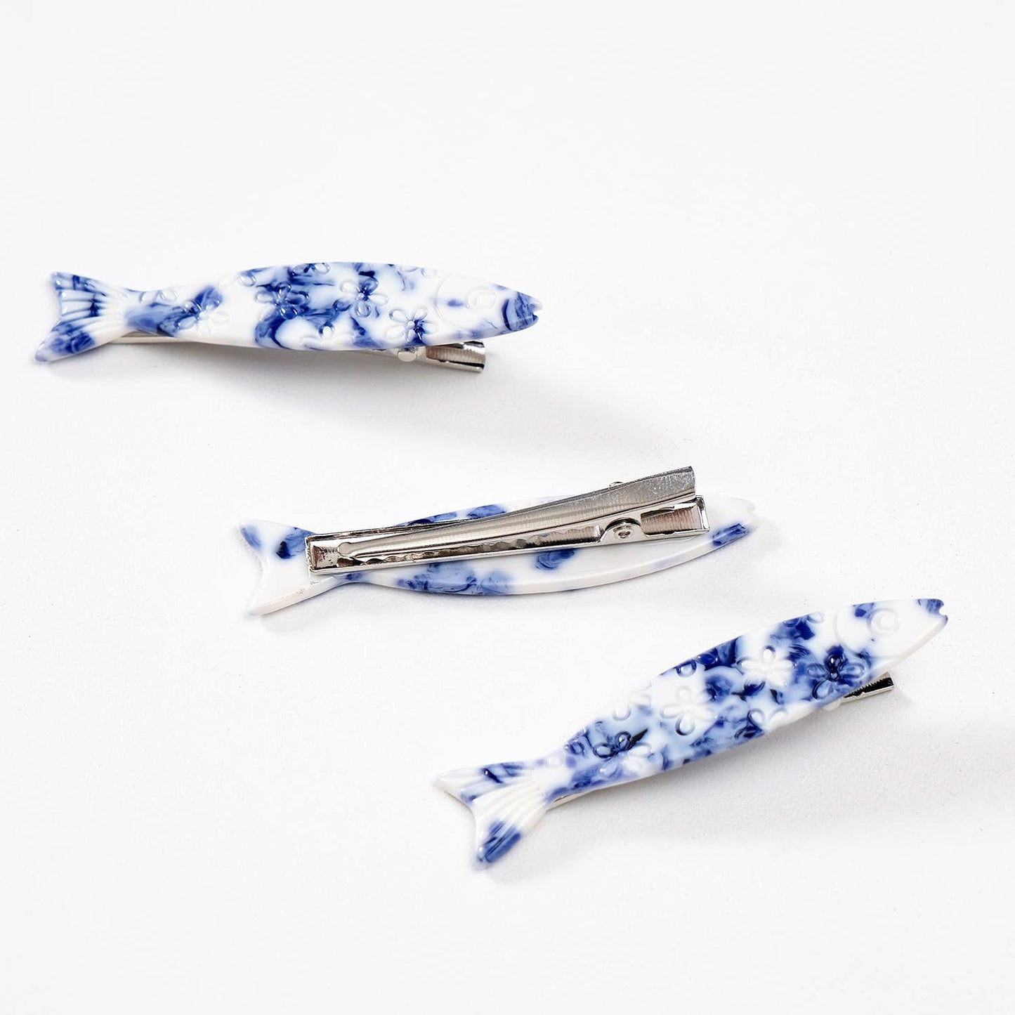 Coastal Blue Floral Sardine Fish Barrette Hair Clip - Small