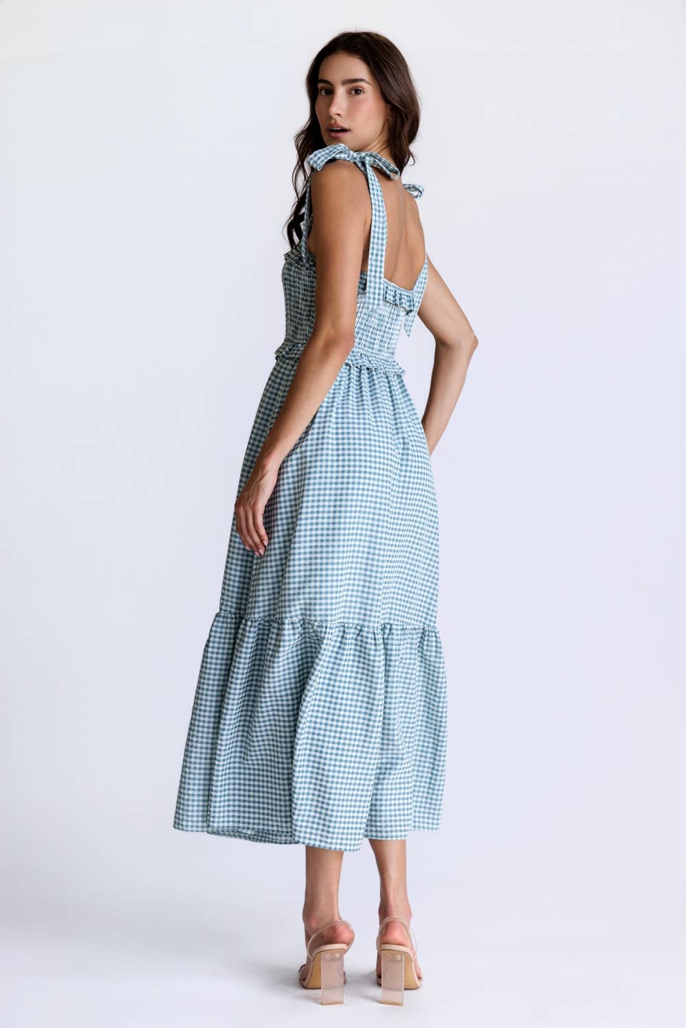 SMOCKED GINGHAM GIRL MIDI DRESS: IVORY & TEAL