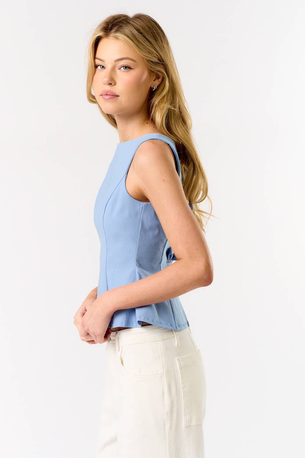 Back Bow Tie Boat Neck Peplum Top: IVORY / S