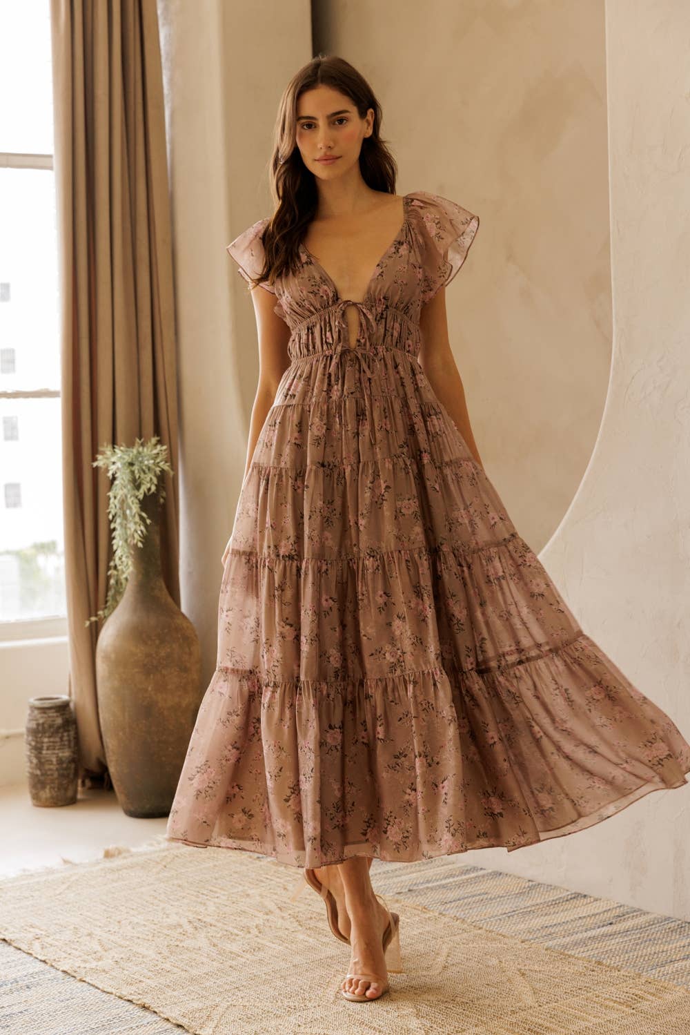 LANA FLORAL TIE FRONT TIERED MIDI DRESS: MAUVE FLORAL