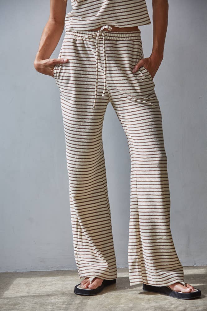 L8945B | Knit Polyester Cotton Striped Flare Pants: Grey Blue / S