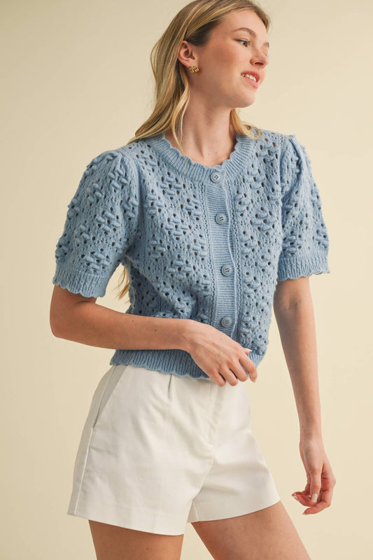 CROPPED POINTELLE BUTTON DOWN SWEATER CARDIGAN DUSTY BLUE