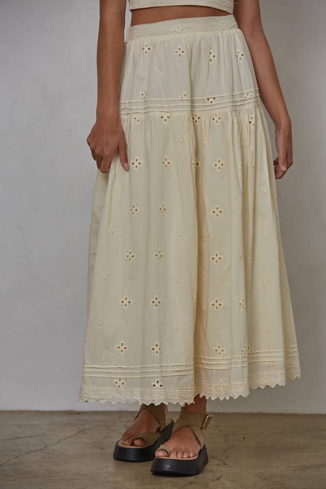 Butter Yellow French Woven Cotton Eyelet Lace Skirt