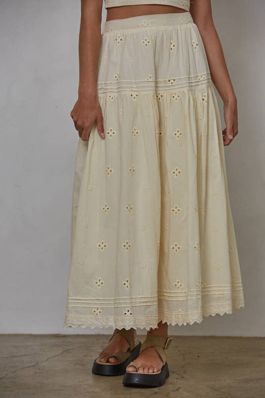 Butter Yellow French Woven Cotton Eyelet Lace Skirt