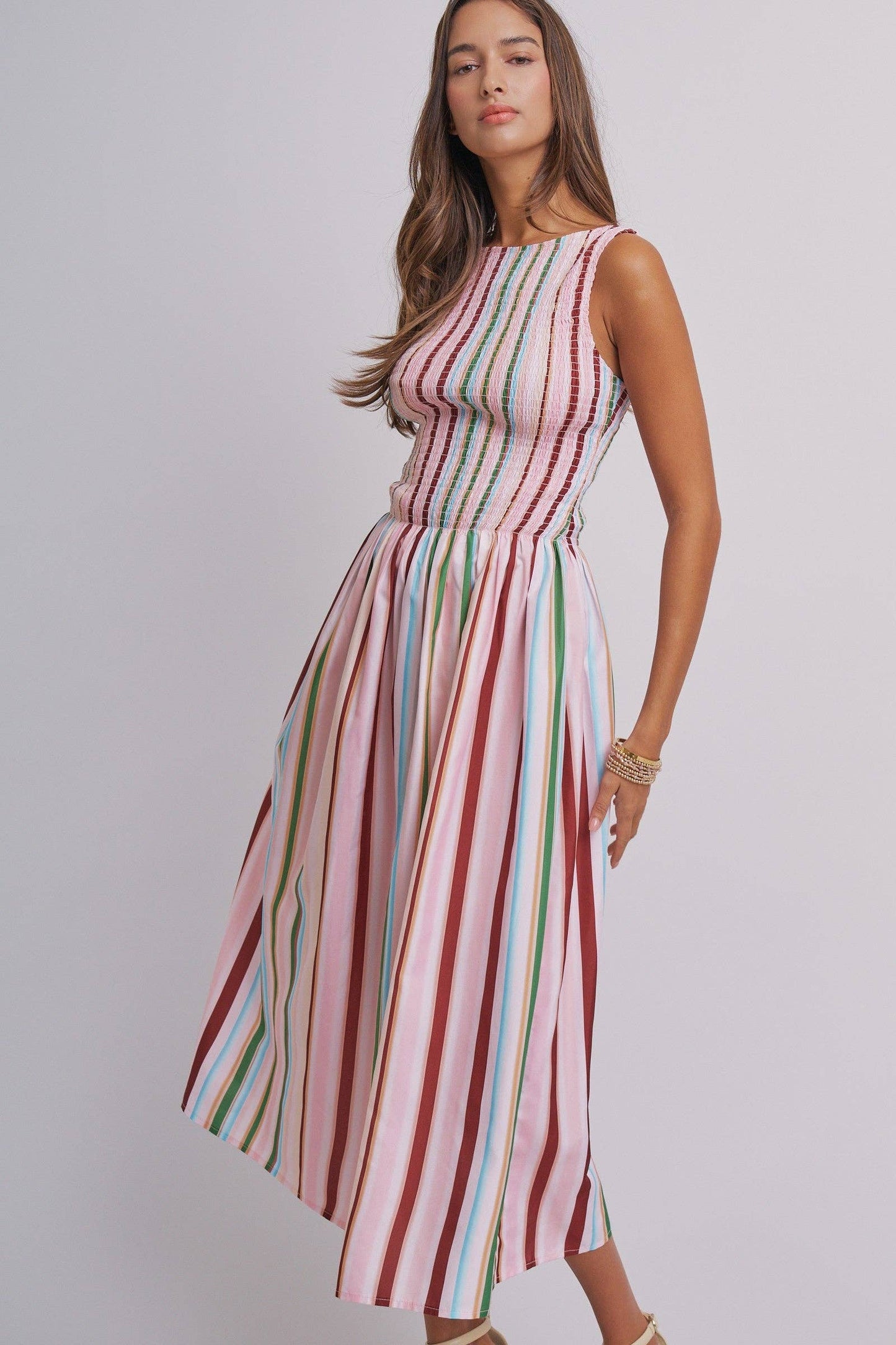Candy Stripe Smocked Midi Dress With High Neckline: Multi / S-M-L