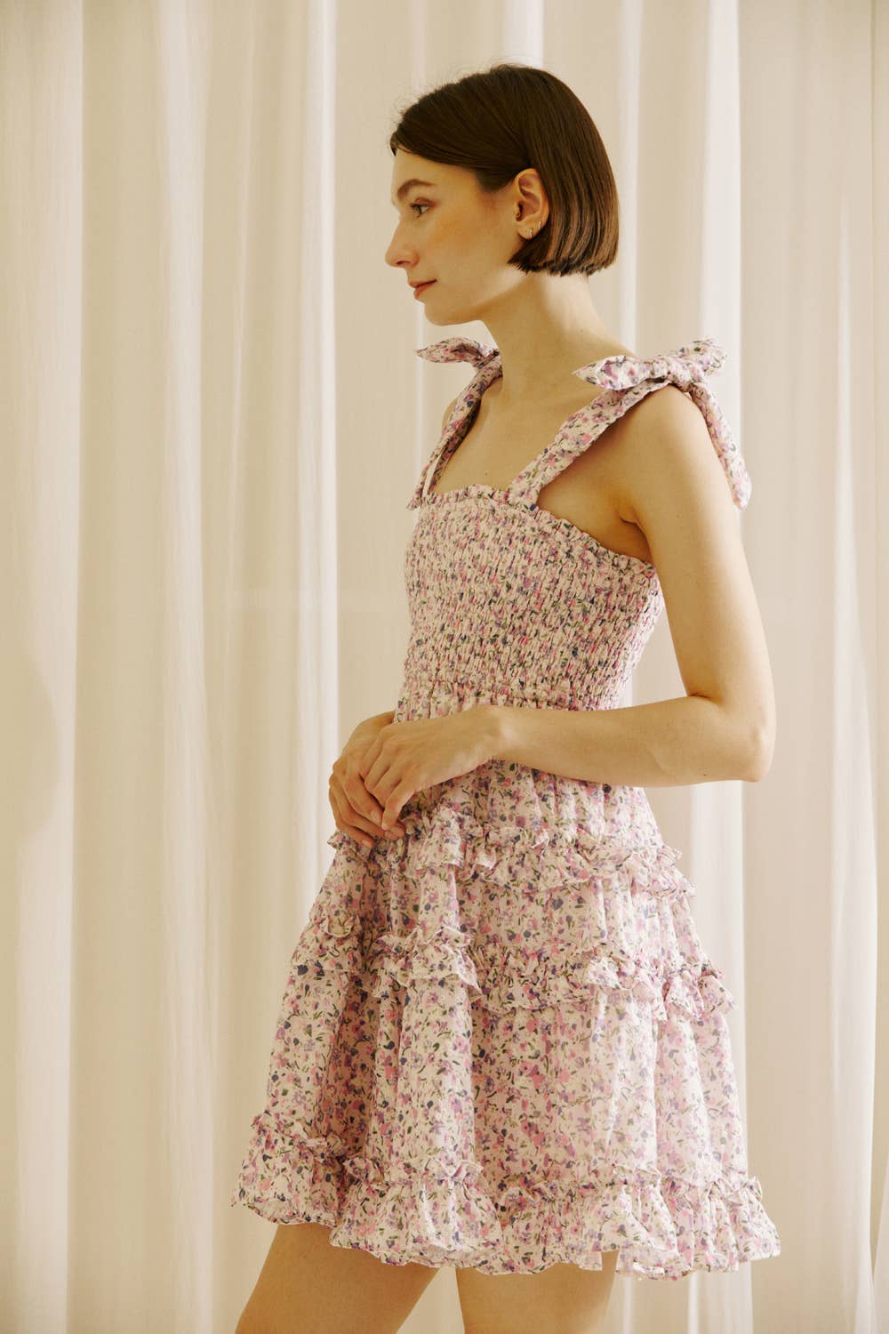 PARK GIRL FLORAL RUFFLED MINI DRESS: Lavender Floral / S