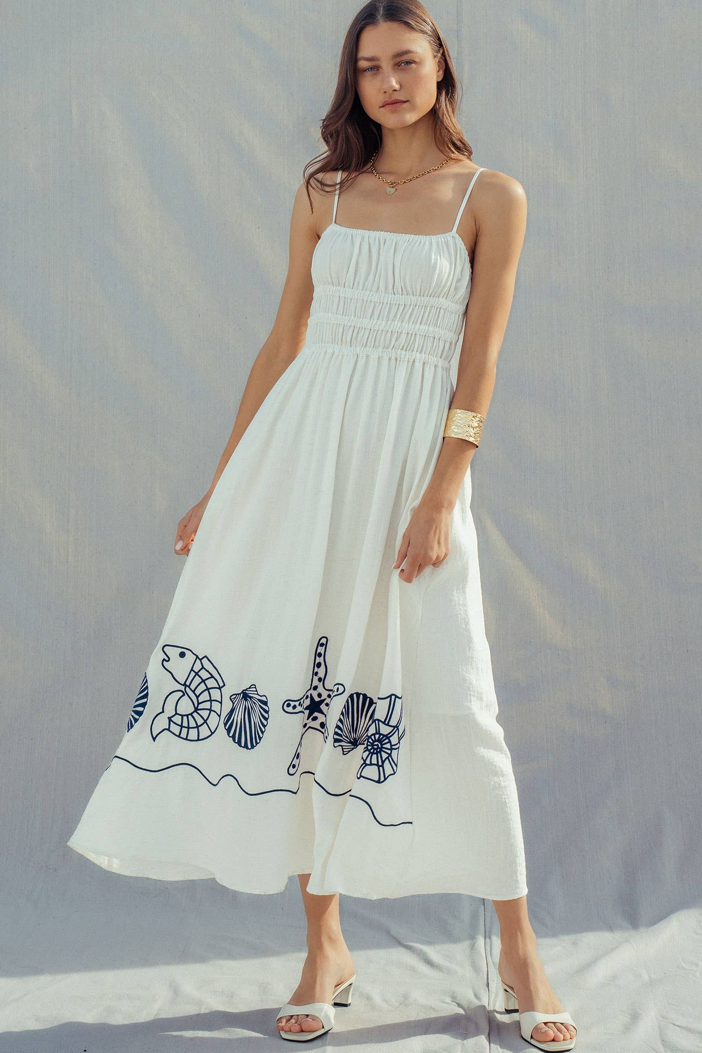 Seashell Embroidered Linen Blend Smocked Dress
