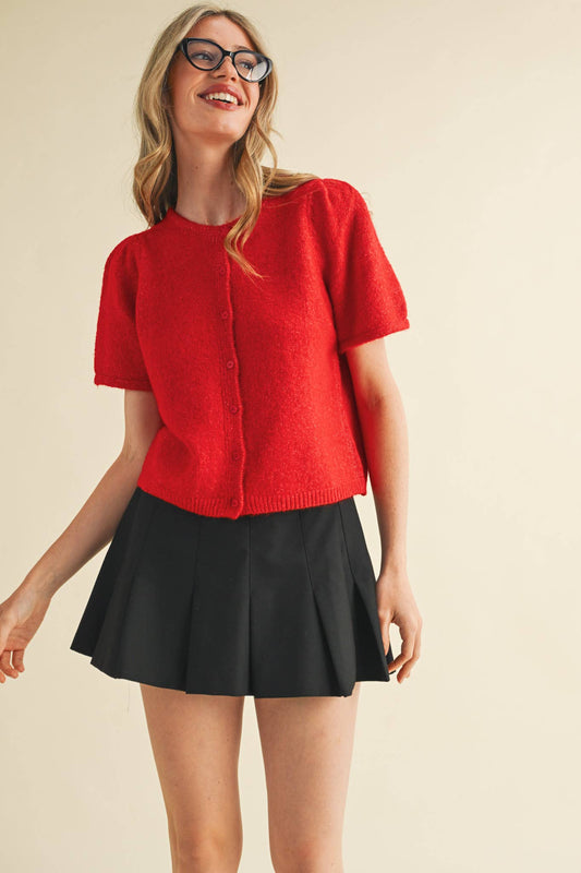 RED PUFF SLEEVE CARDIGAN SWEATER