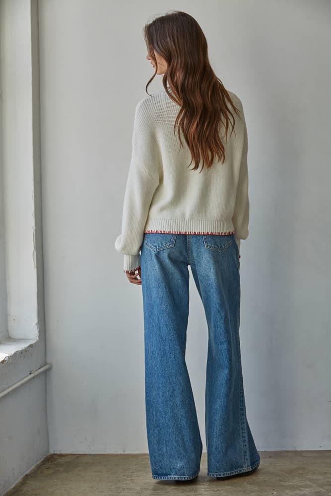W2411 | Knit Sweater Crew American Flag Pullover: Off White / S