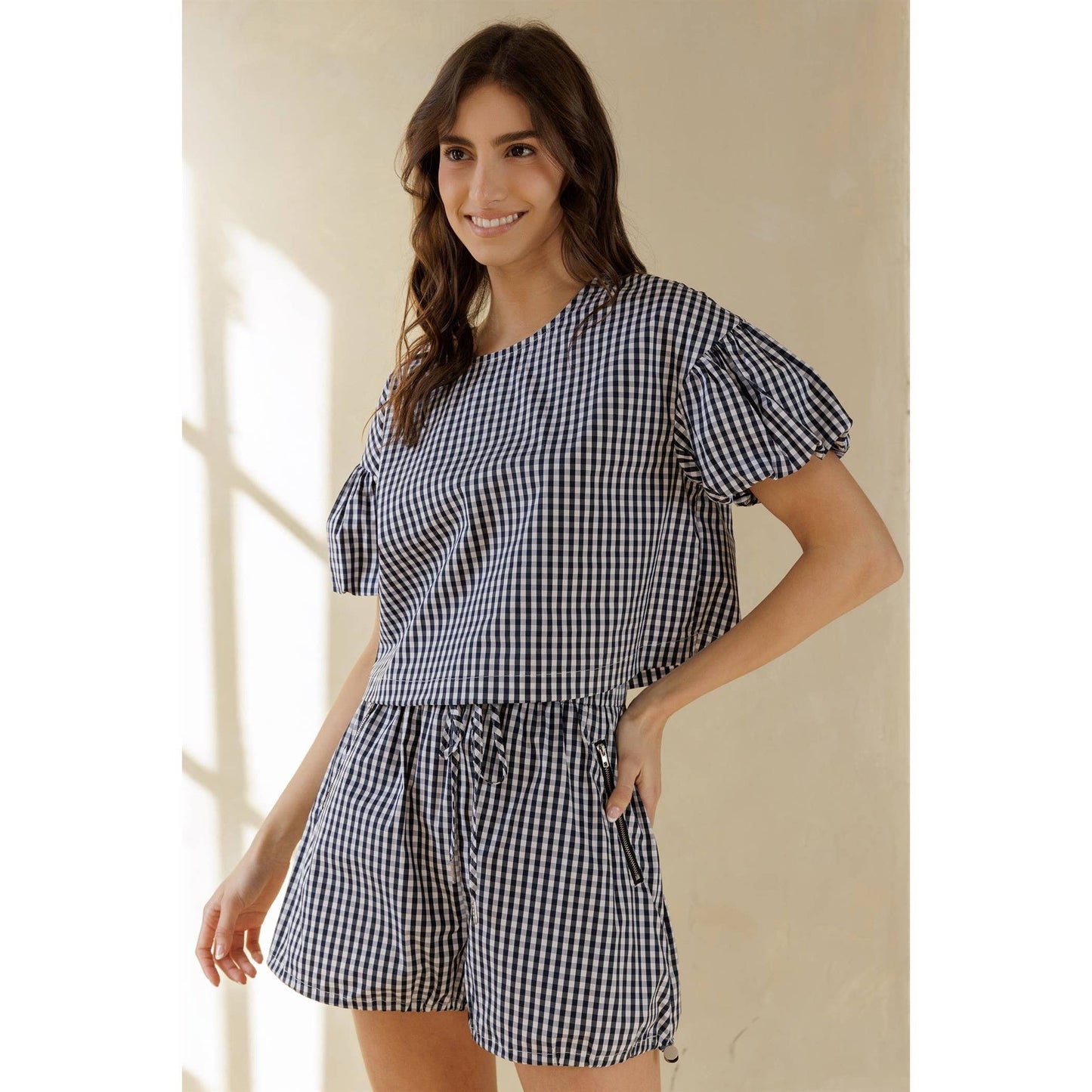 NAVY WHITE GINGHAM TOP: NAVY WHITE