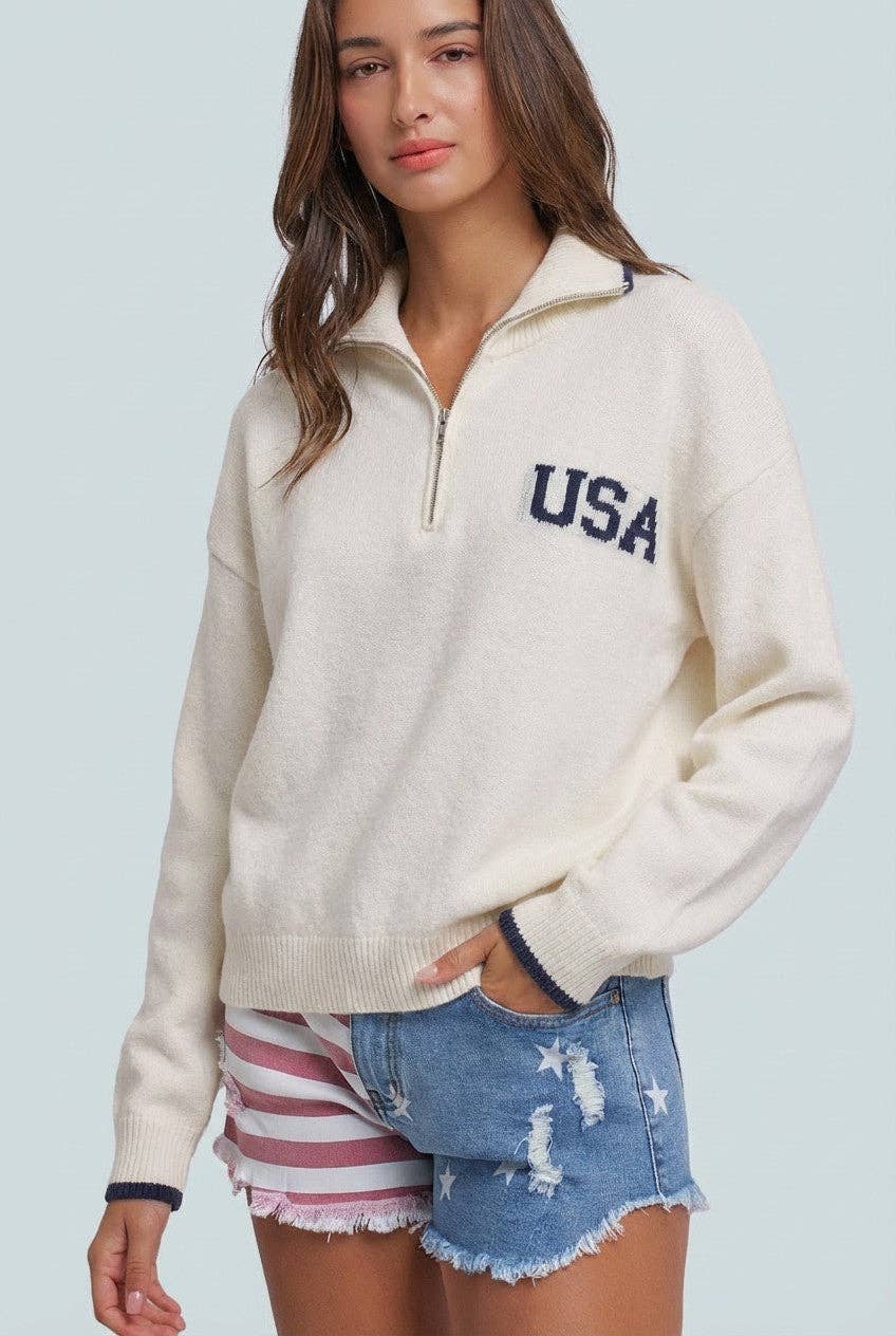 Americana Flag Quarter-Zip Knit Sweater: Ivory / SM- ML