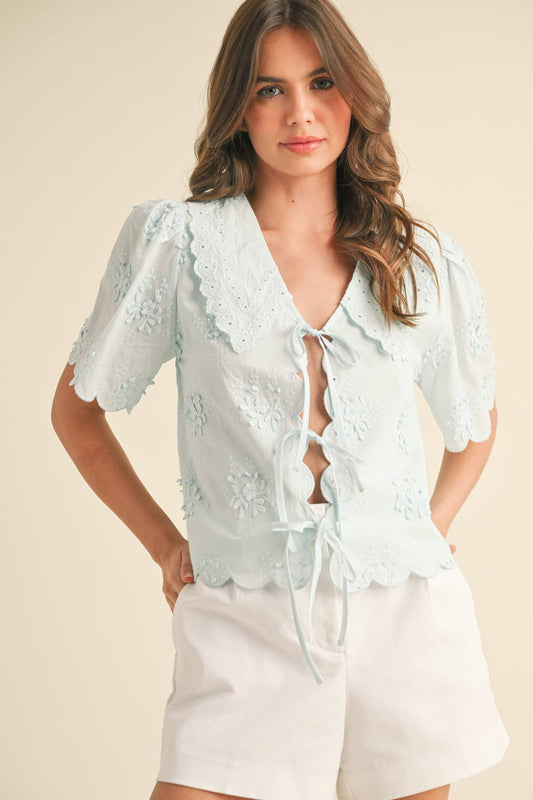 TINA TIE FRONT LACE COLLAR TOP: Light Blue