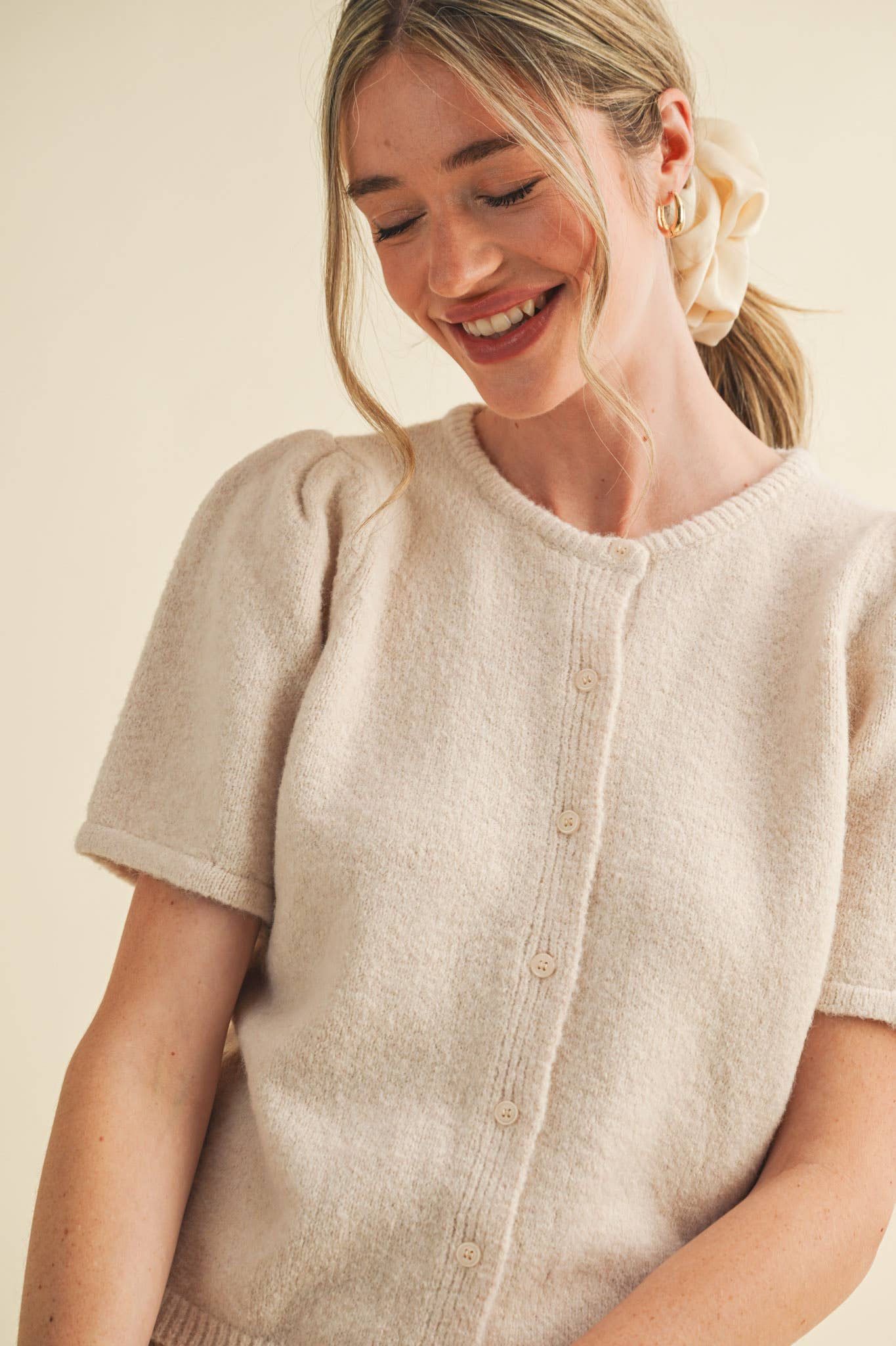 RED PUFF SLEEVE CARDIGAN SWEATER