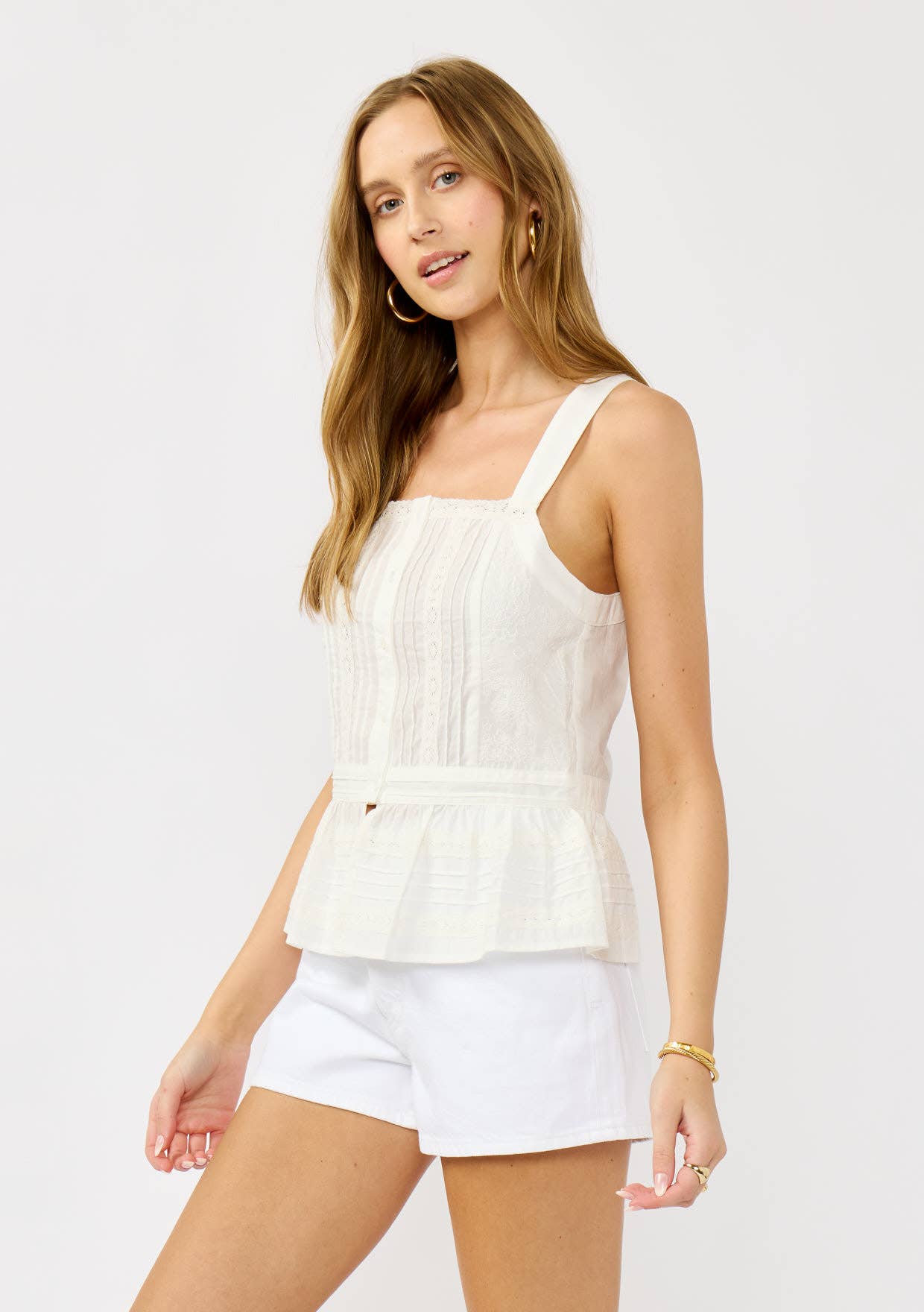 Smocked Ruffle Lace Peplum Top: White