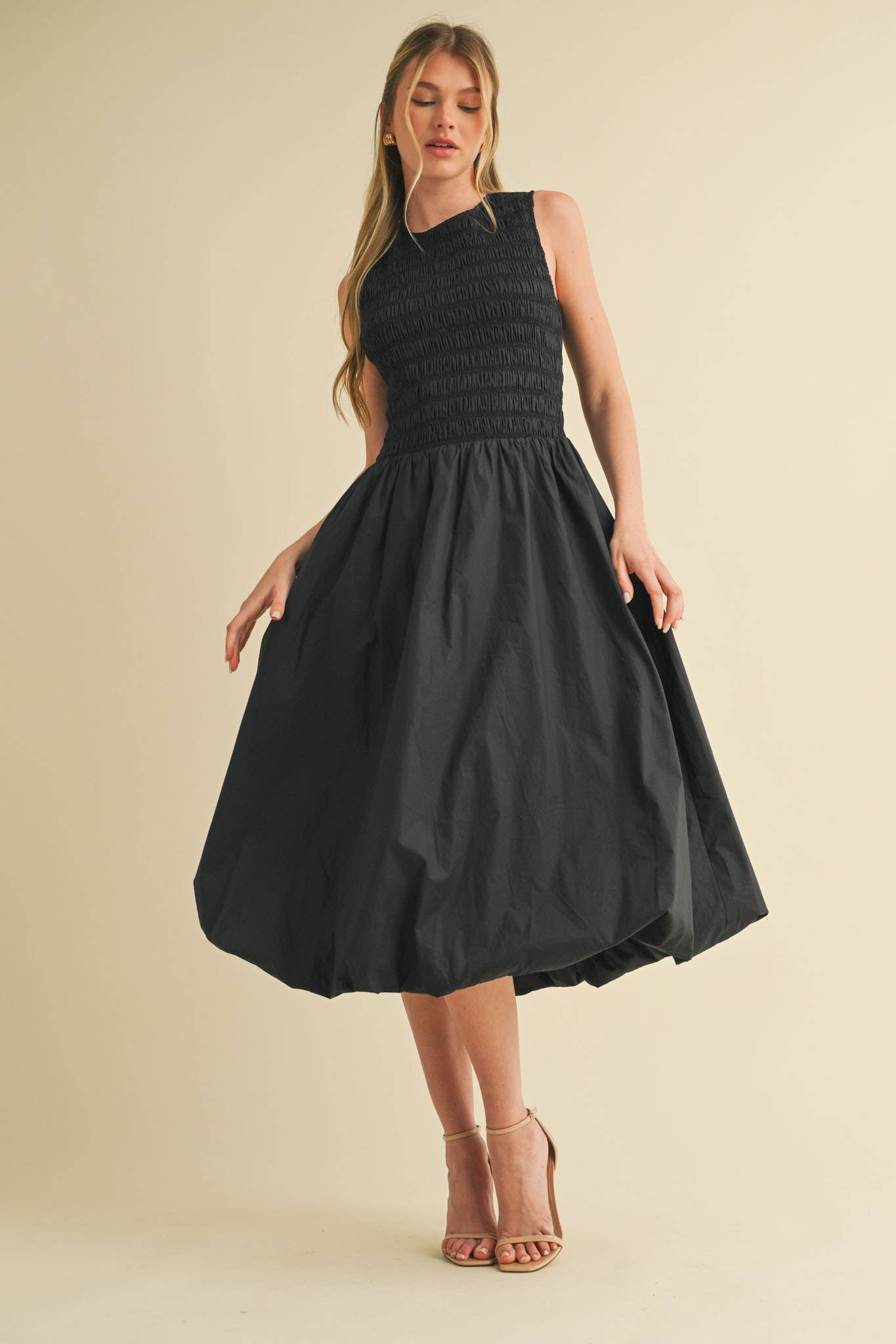 SMOCKED BUBBLE HEM MIDI DRESS MARINE BLUE