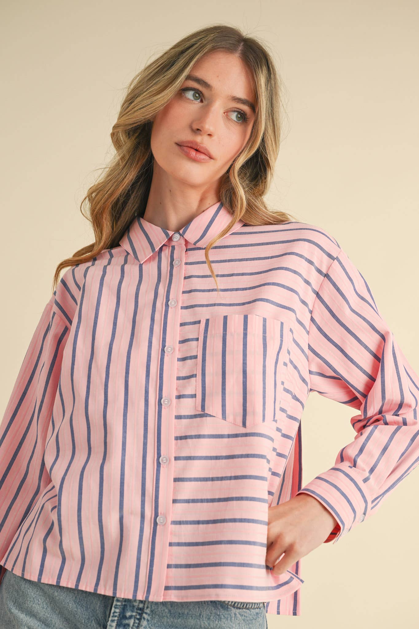 DAILY STRIPED COLLARED BUTTON DOWN TOP - CUSTARD STRIPE