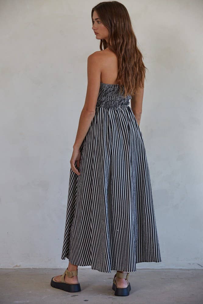 L6998 | Striped Tube Neck Strapless Flare Maxi Dress: Dusty Blue / S