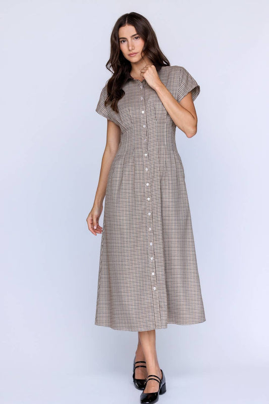 WEST VILLAGE HOUNDSTOOTH COLLARED BUTTON DOWN MIDI DRESS: BROWN/IVORY