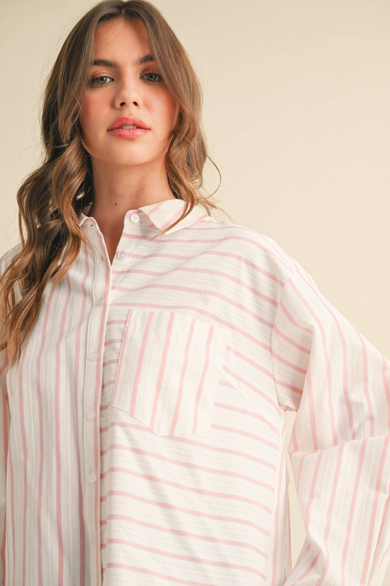 DAILY STRIPED COLLARED BUTTON DOWN TOP - CUSTARD STRIPE