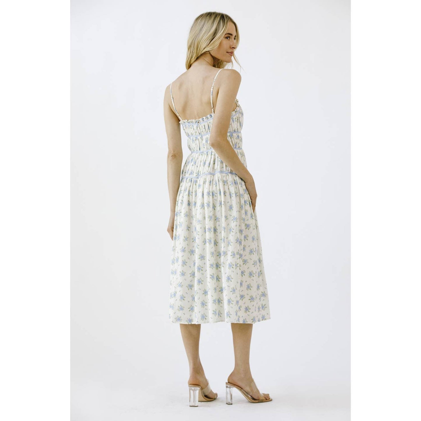 FLORAL PRINT AND CONTRAST LINING MIDI DRESS: IVORY/BLUE FLORAL