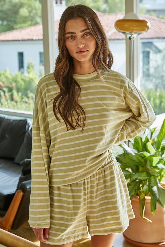 PERFECT MATCHING SET Knit Cotton Striped Mock Neck Long Sleeve & Shorts : Lettuce Green White
