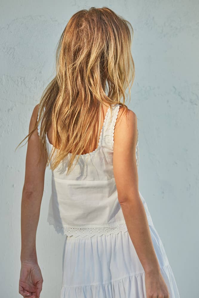 The Isabel Front Tie Woven Cotton Eyelet Square Neck Sleeveless Top - White