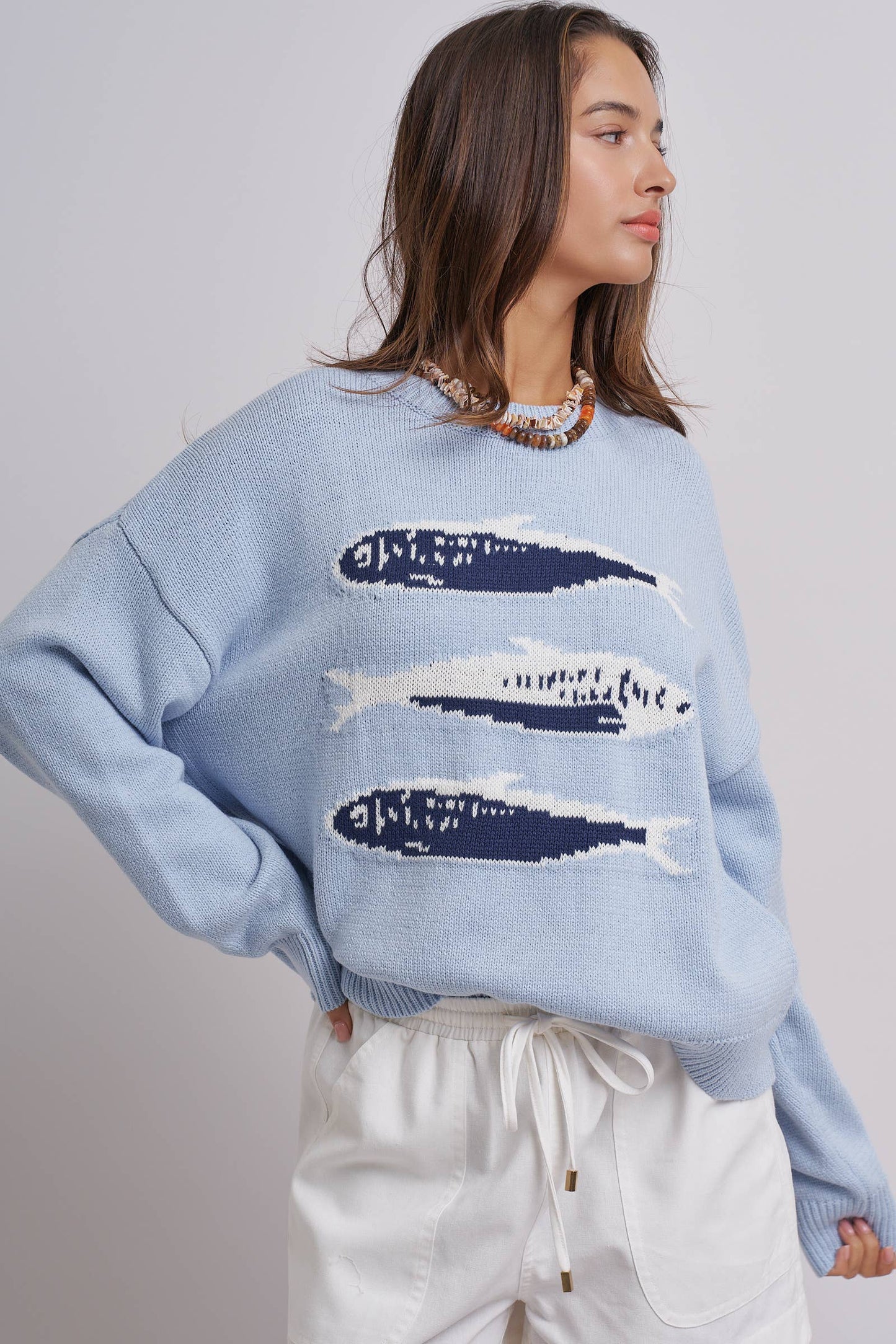 Graphic Oversized Drop-Shoulder Knit Sweater: Blue / SM-ML:3-3