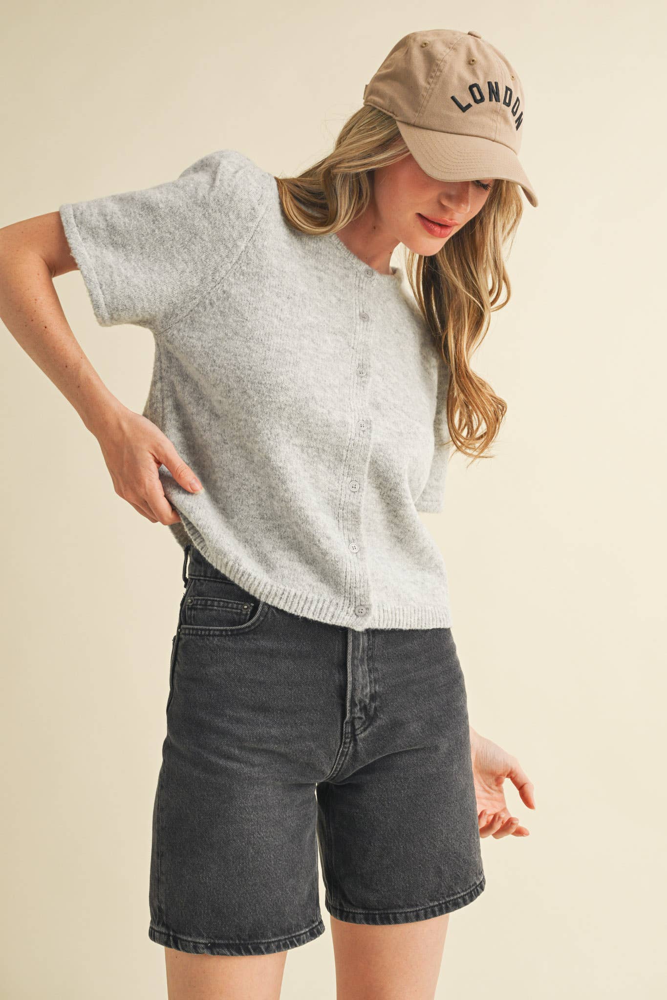 RED PUFF SLEEVE CARDIGAN SWEATER