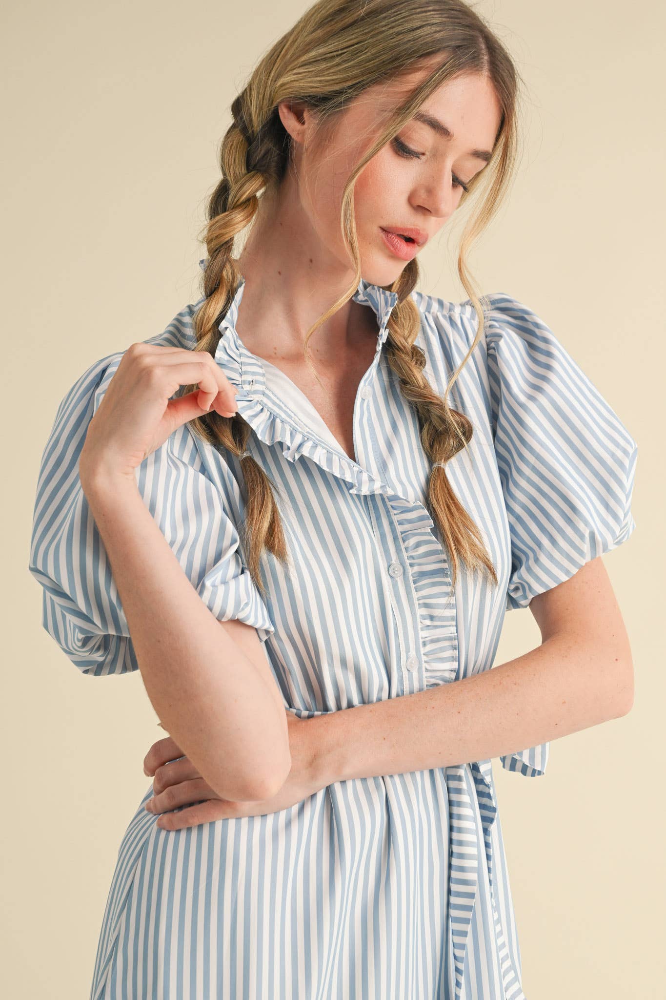 STRIPED RUFFLED BUTON DOWN MIDI DRESS - SKYBLUE STRIPE