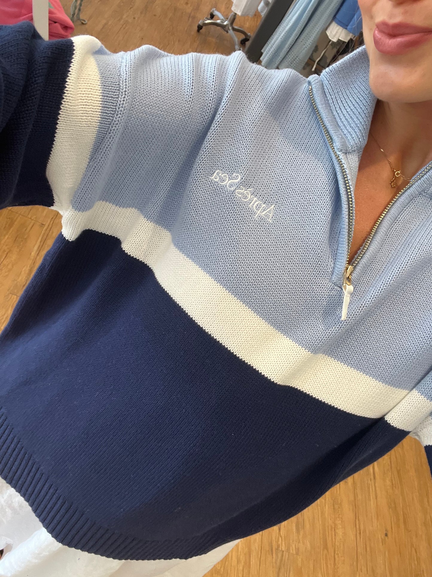 APRÈS SEA X ELLSWORTH & IVEY Quarter Zip Sweater -Navy/White/Sand