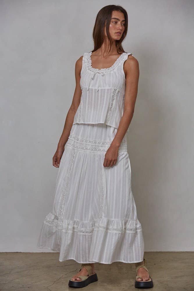 The Isabel French Woven Cotton Scoop Lace Neck Sleeveless Top