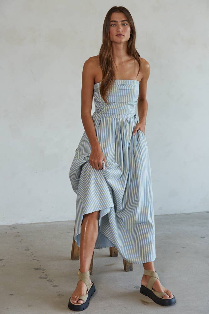 L6998 | Striped Tube Neck Strapless Flare Maxi Dress: Dusty Blue / S