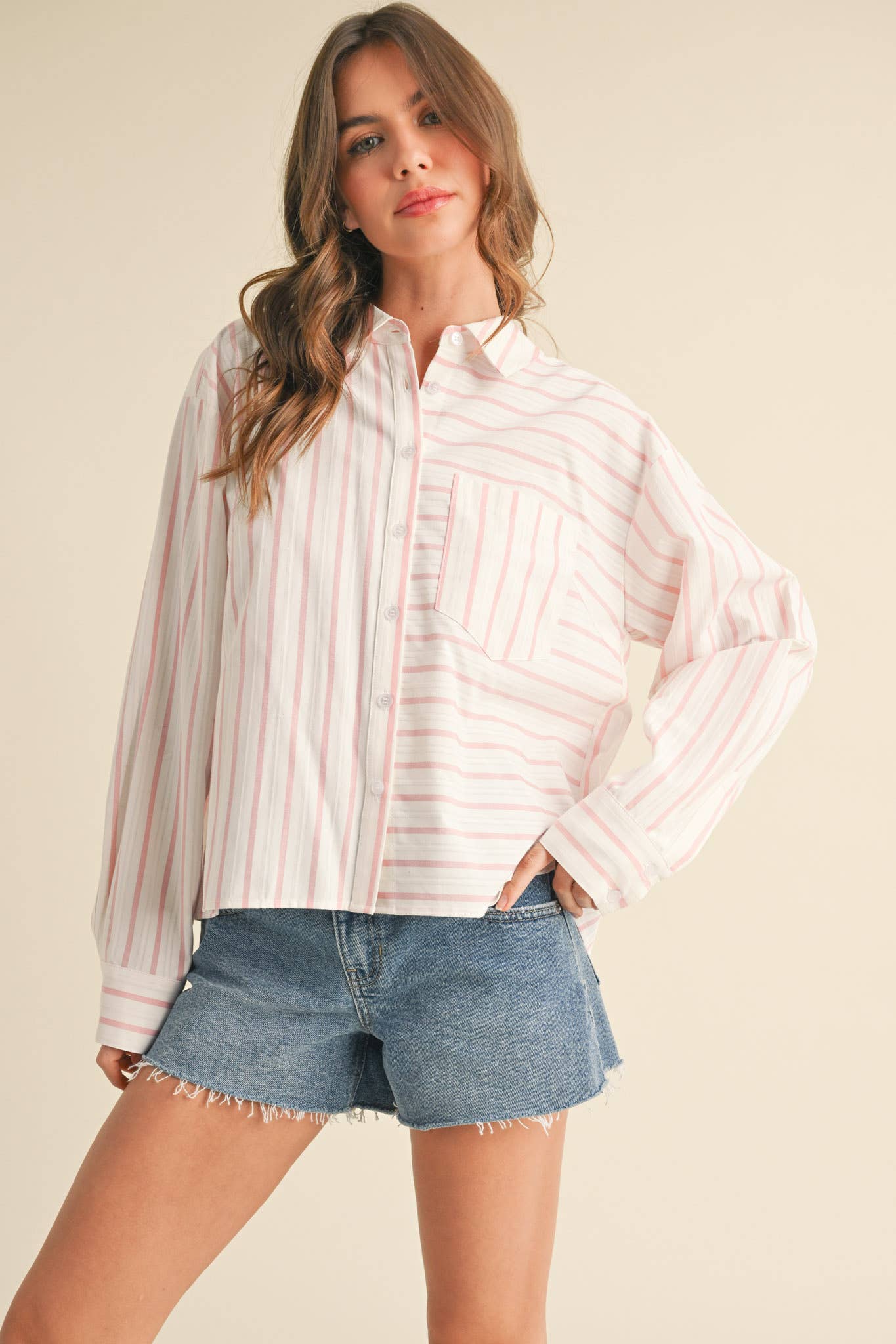 DAILY STRIPED COLLARED BUTTON DOWN TOP - CUSTARD STRIPE