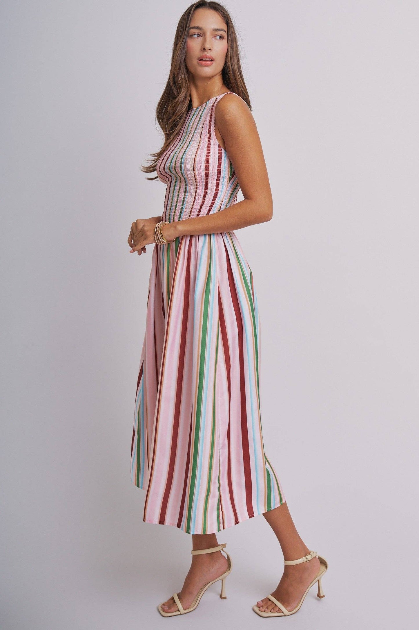 Candy Stripe Smocked Midi Dress With High Neckline: Multi / S-M-L