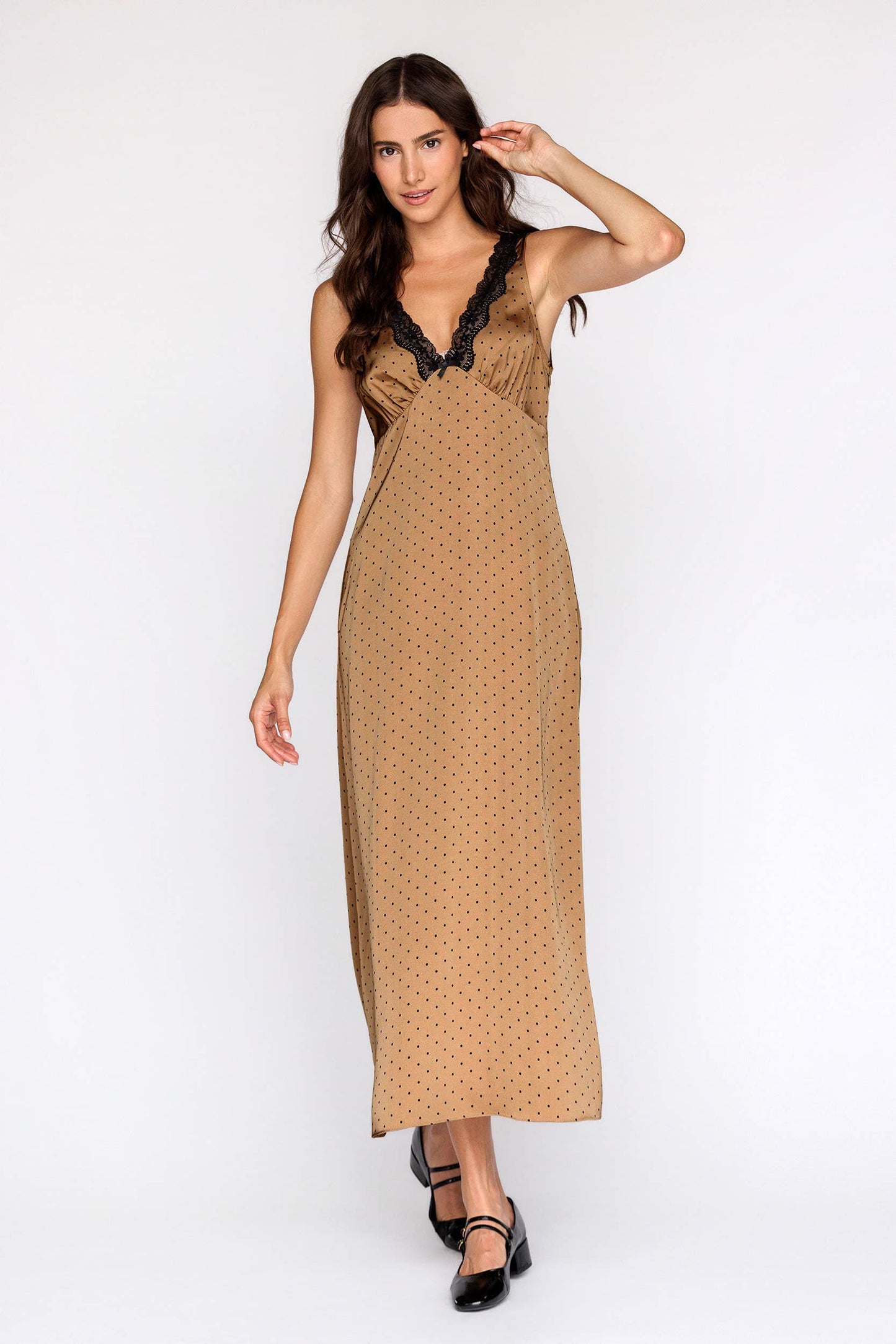 MEET ME POLKA DOT LACE TRIM MIDI DRESS: BRONZE/BLACK