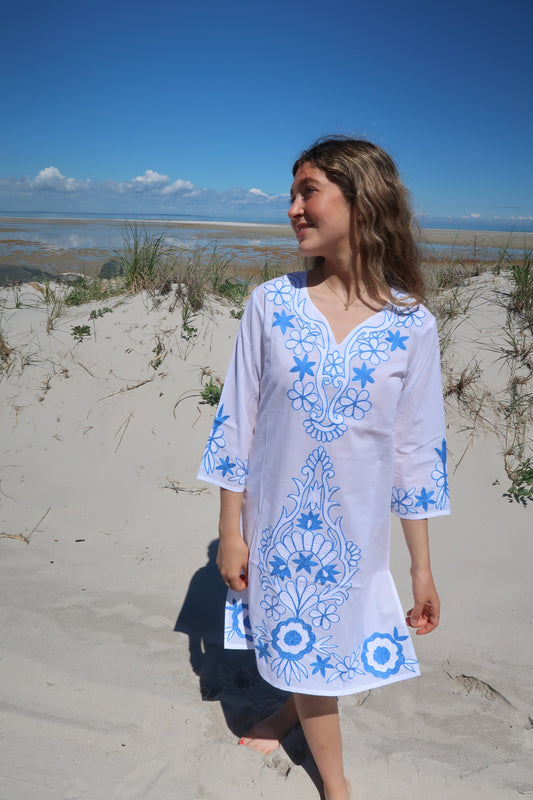 See you in Nice, Blue & White Embroidered Beach Tunic