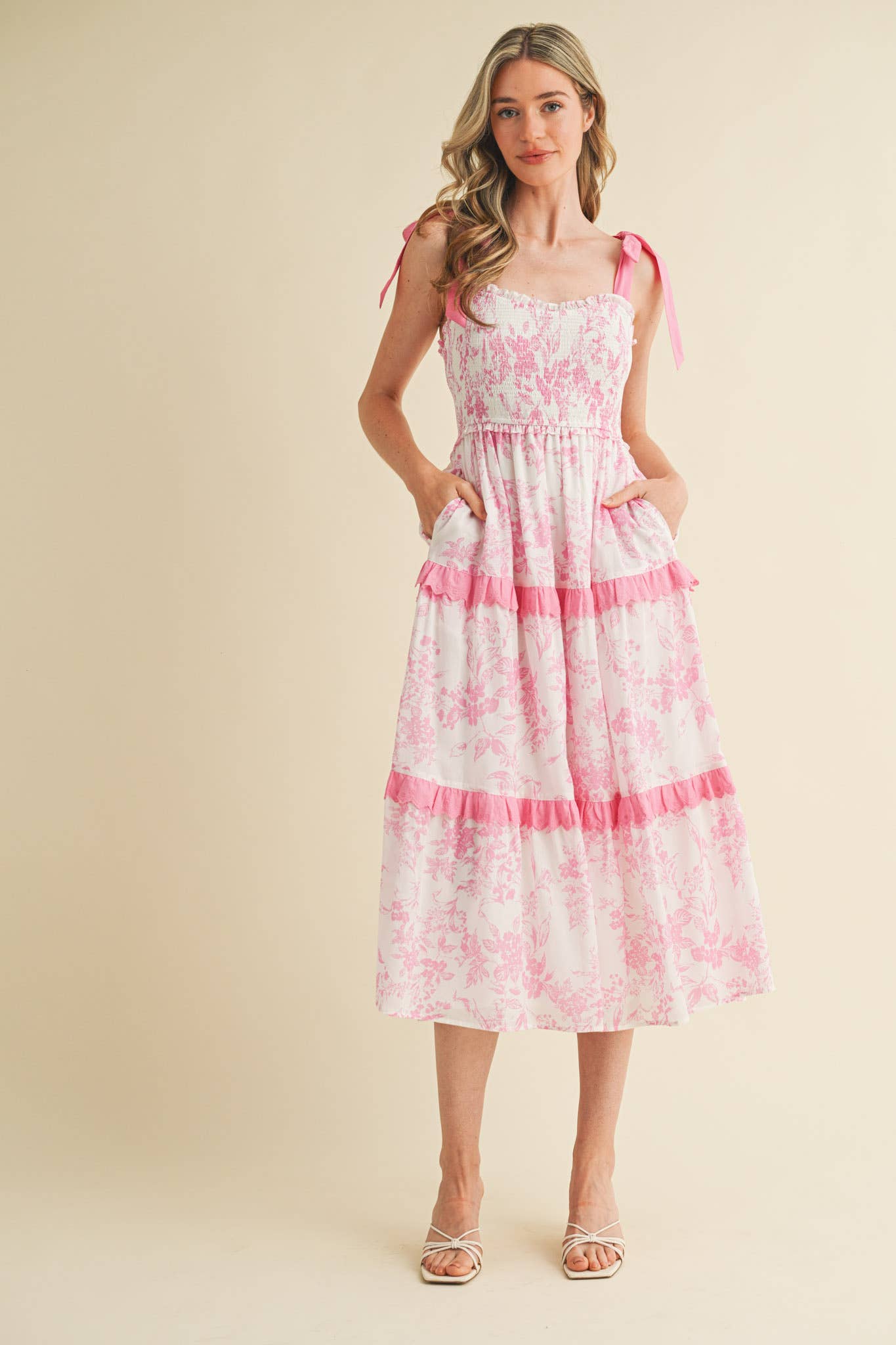 PINK FLORAL TIERED SCALLOP TRIM DRESS