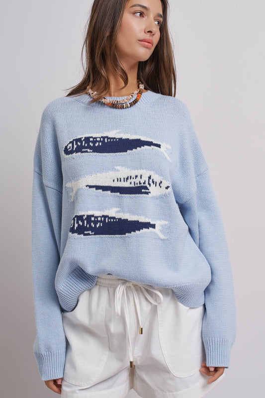 Graphic Oversized Drop-Shoulder Knit Sweater: Blue / SM-ML:3-3